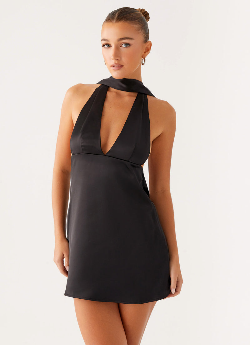 Alicia Satin Halter Mini Dress - Black