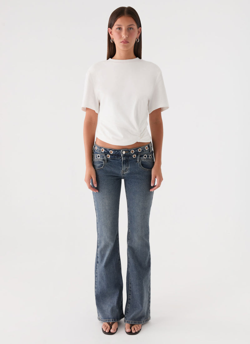 Carson Low Rise Eyelet Jeans - Blue Wash
