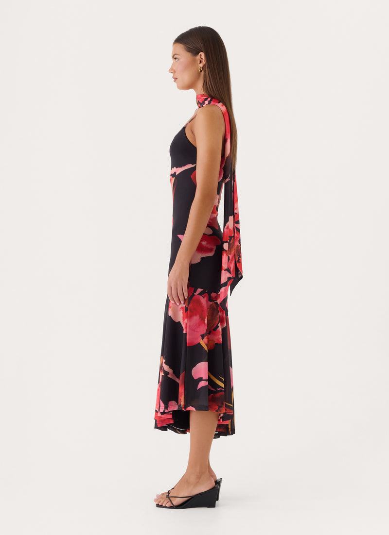 Demitra Midi Dress - Black Floral Print