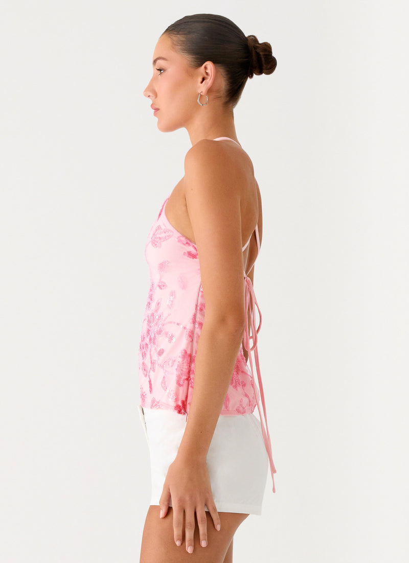 Janelle Beaded Halter Top - Pink