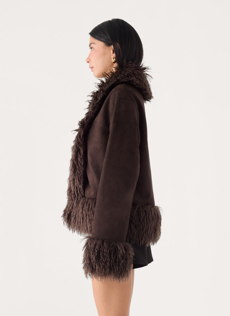 Kamsy Faux Fur Trim Coat - Chocolate