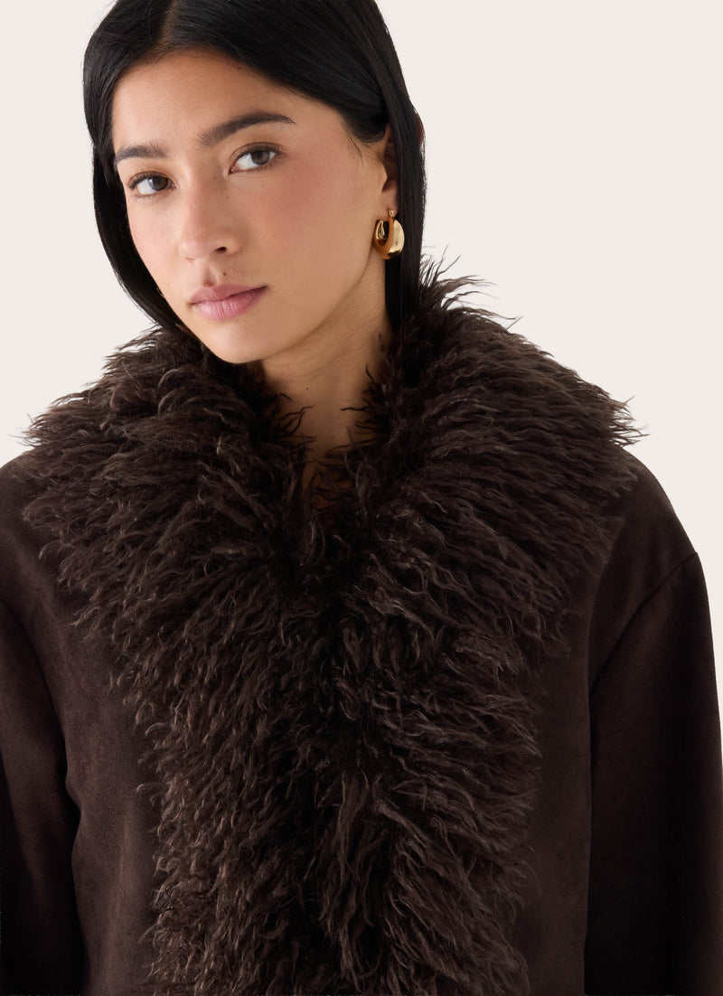Kamsy Faux Fur Trim Coat - Chocolate