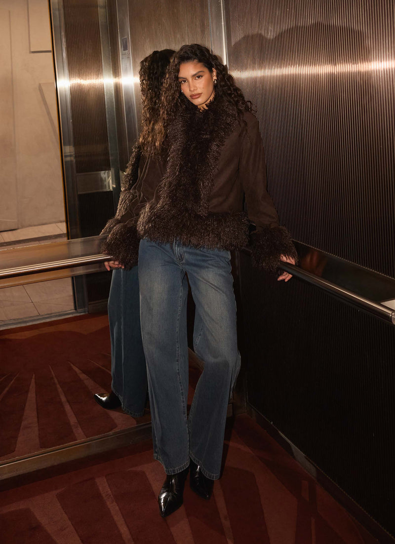 Kamsy Faux Fur Trim Coat - Chocolate