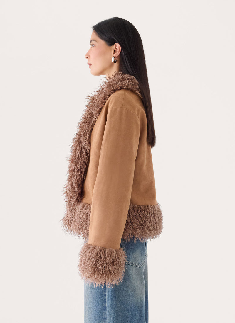 Kamsy Faux Fur Trim Coat - Tan