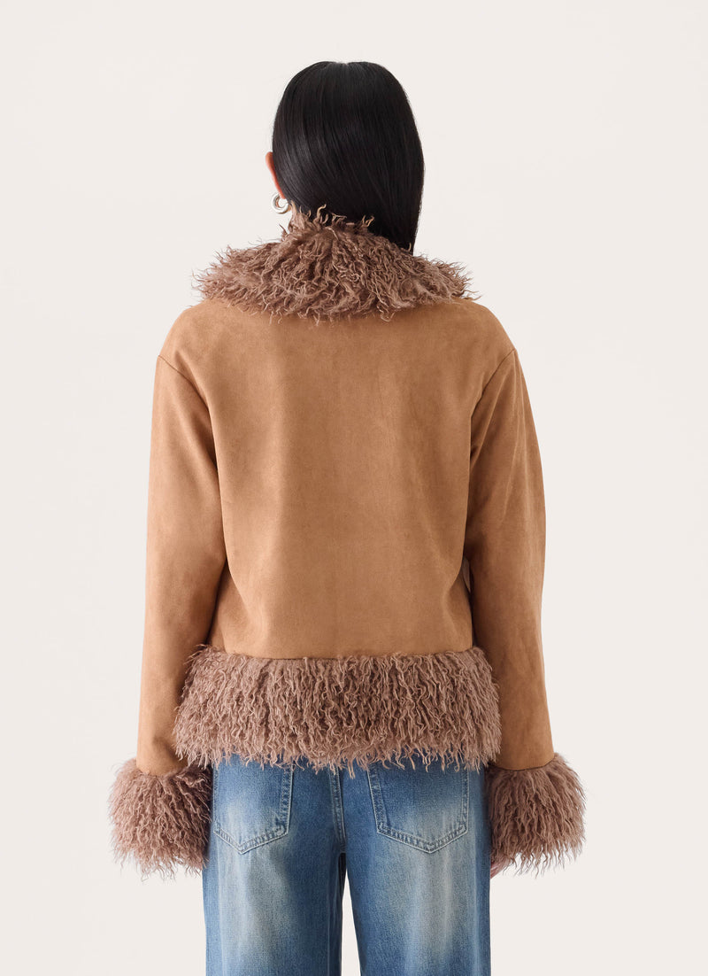 Kamsy Faux Fur Trim Coat - Tan