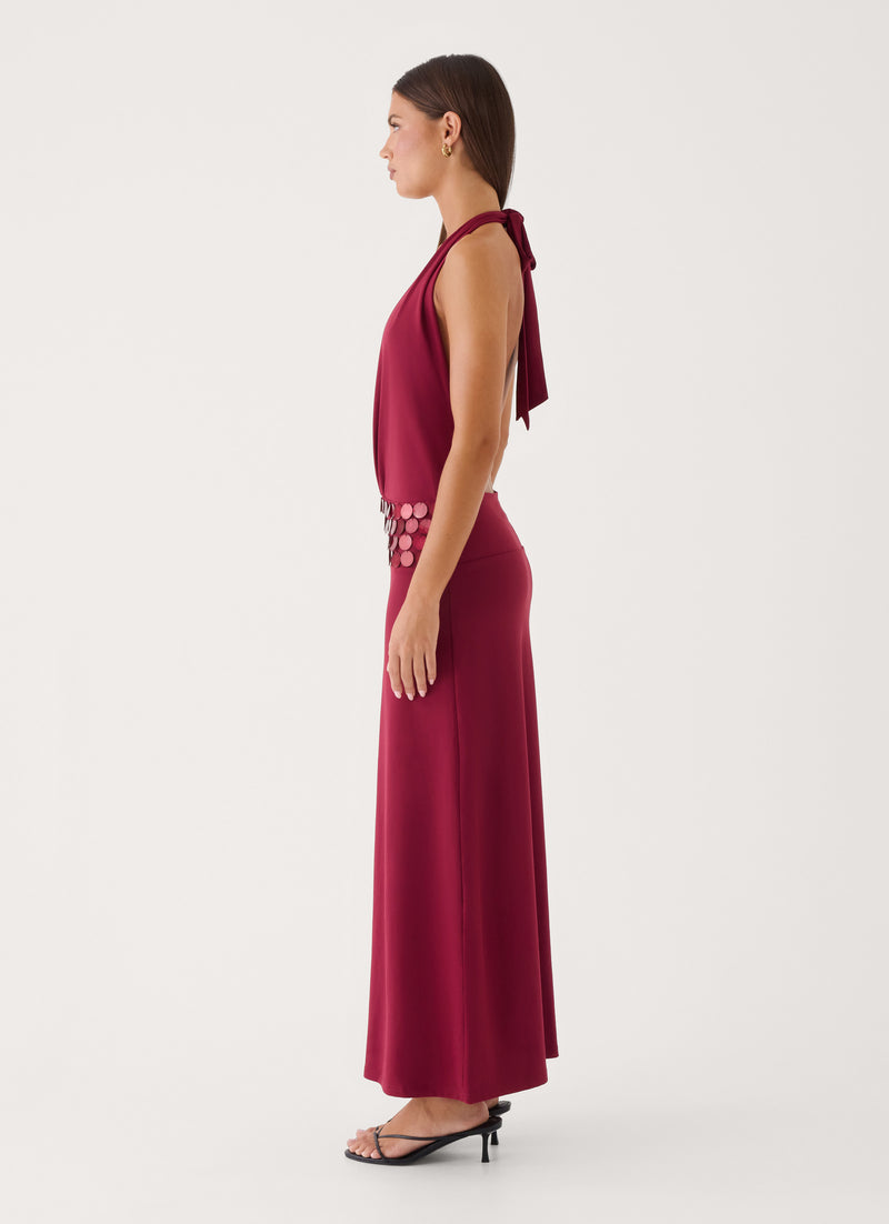Kolisa Beaded Halter Maxi Dress - Burgundy