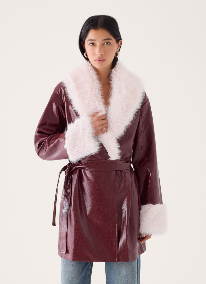 Love Child Faux Leather Wrap Coat - Burgundy