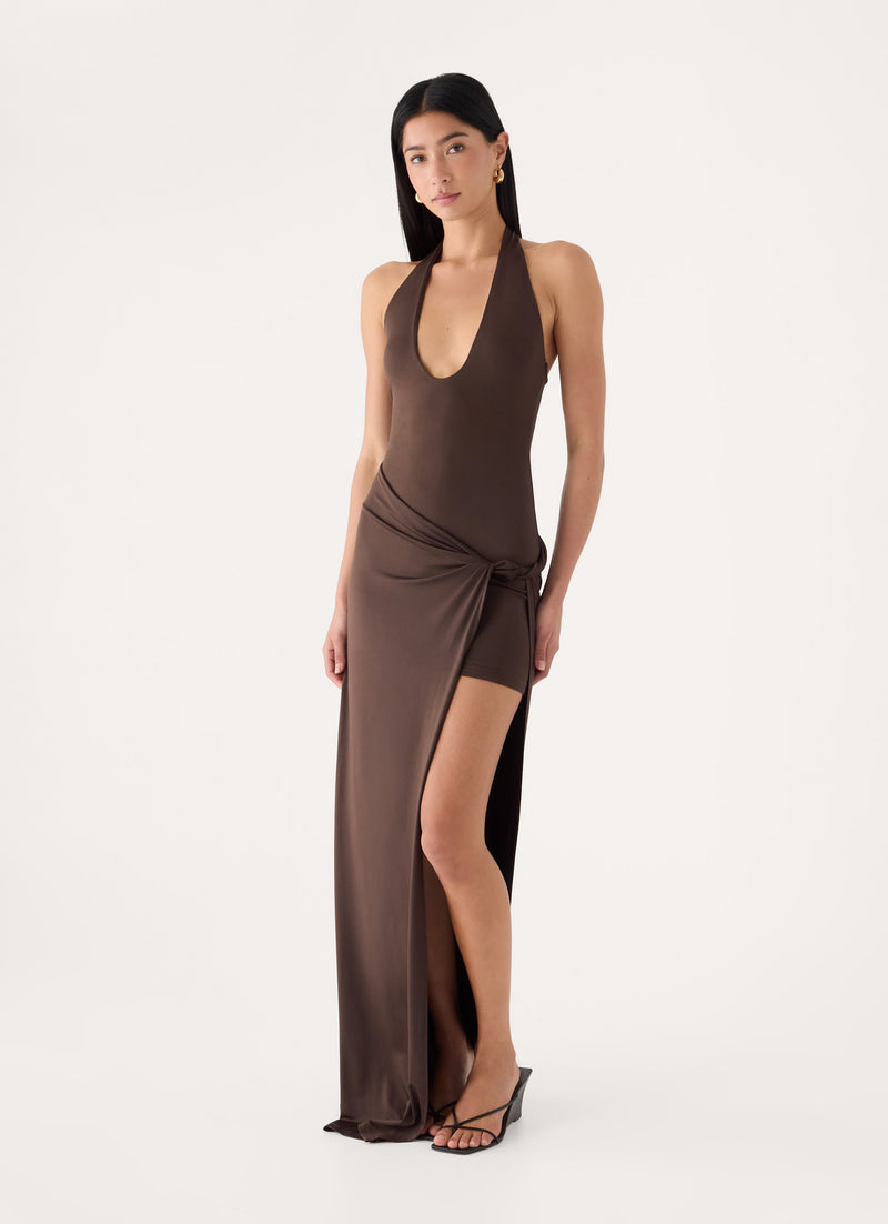 Mokono Halter Wrap Maxi Dress - Chocolate