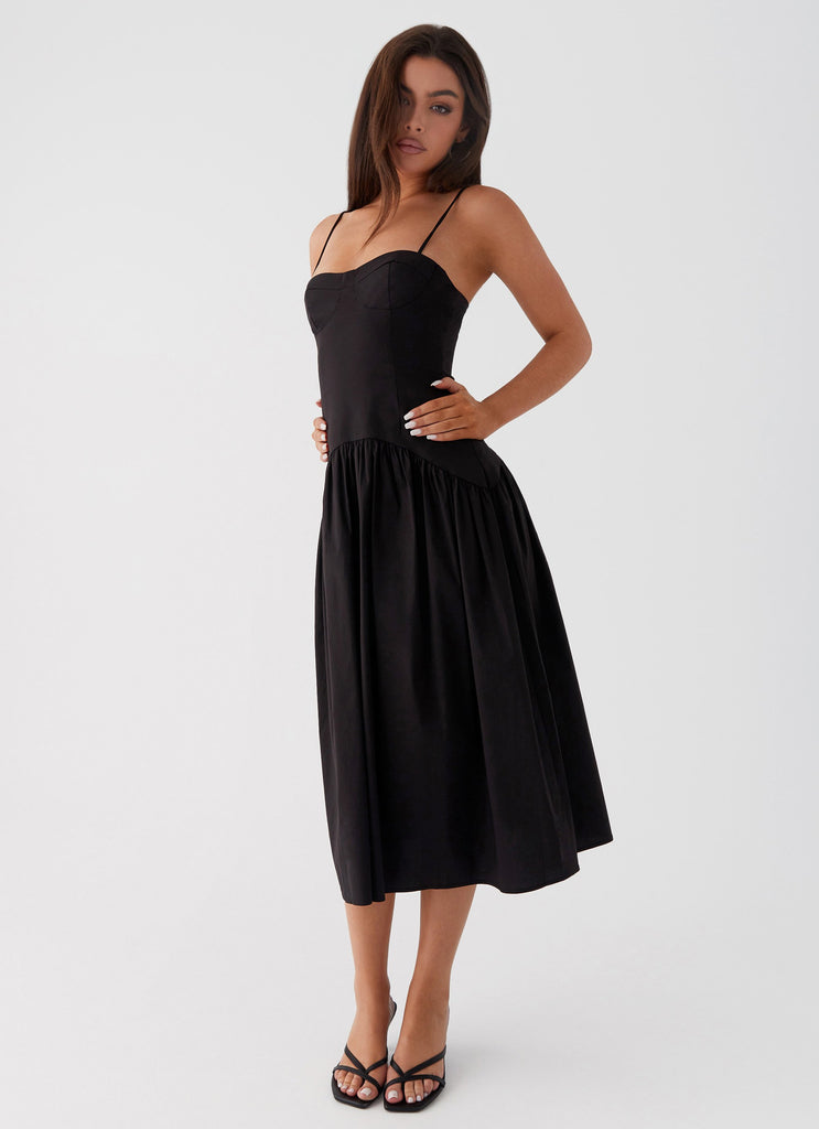 Womens Yvette Corset Midi Dress in the colour Black in front of a light grey background