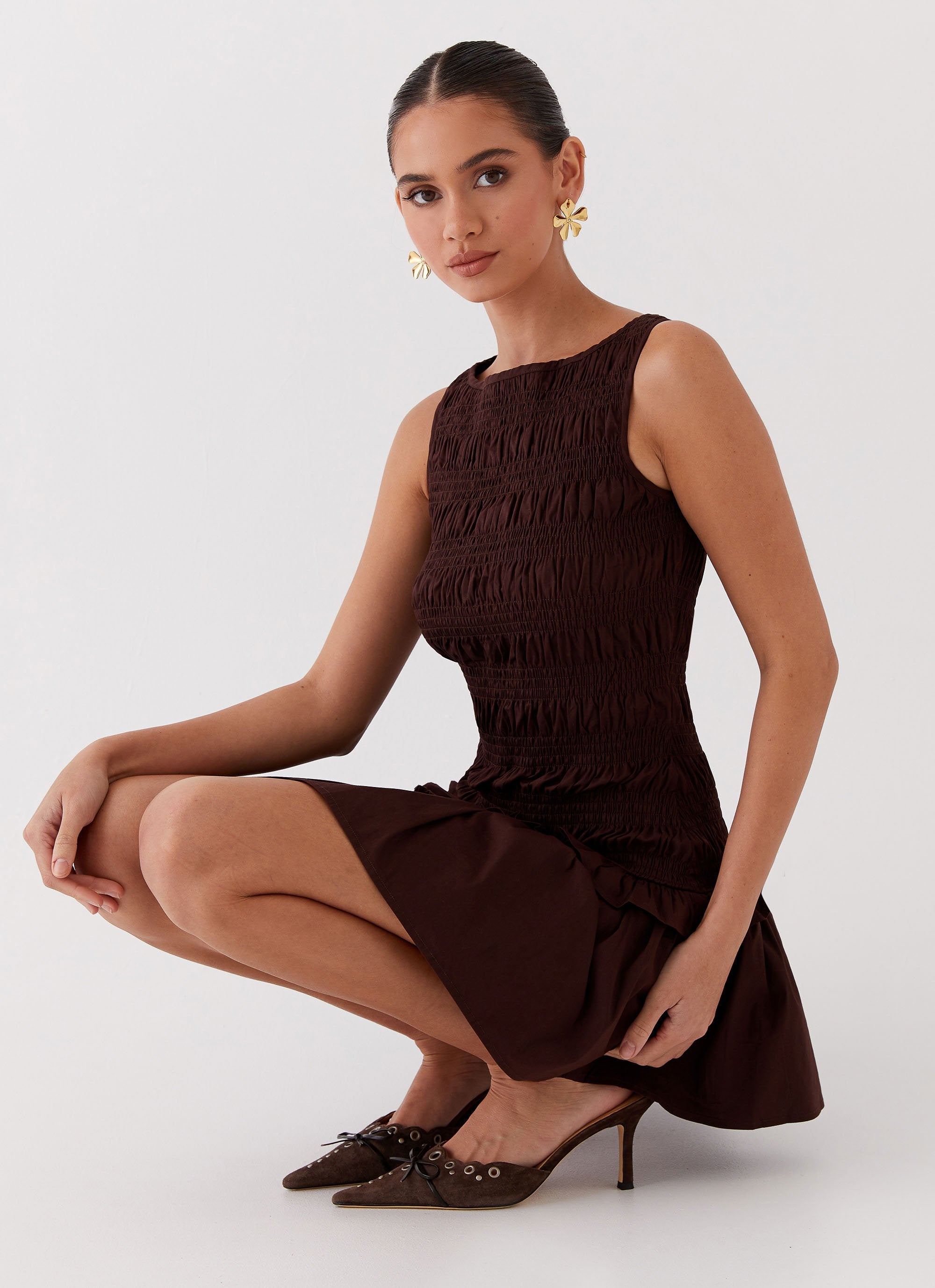 peppermayo brown dress Garden Kisses Shirred Mini Dress