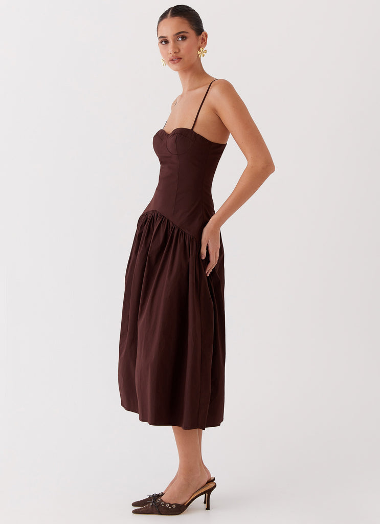 Womens Yvette Corset Midi Dress in the colour Chocolate in front of a light grey background