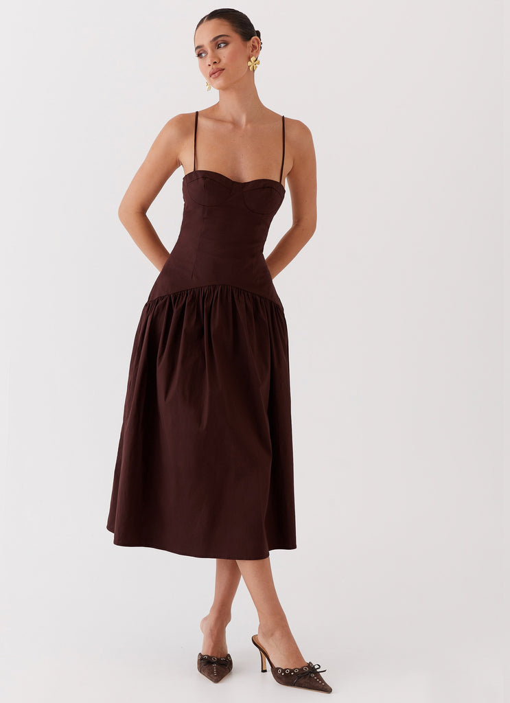 Womens Yvette Corset Midi Dress in the colour Chocolate in front of a light grey background