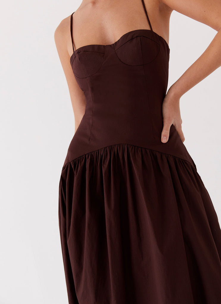 Womens Yvette Corset Midi Dress in the colour Chocolate in front of a light grey background