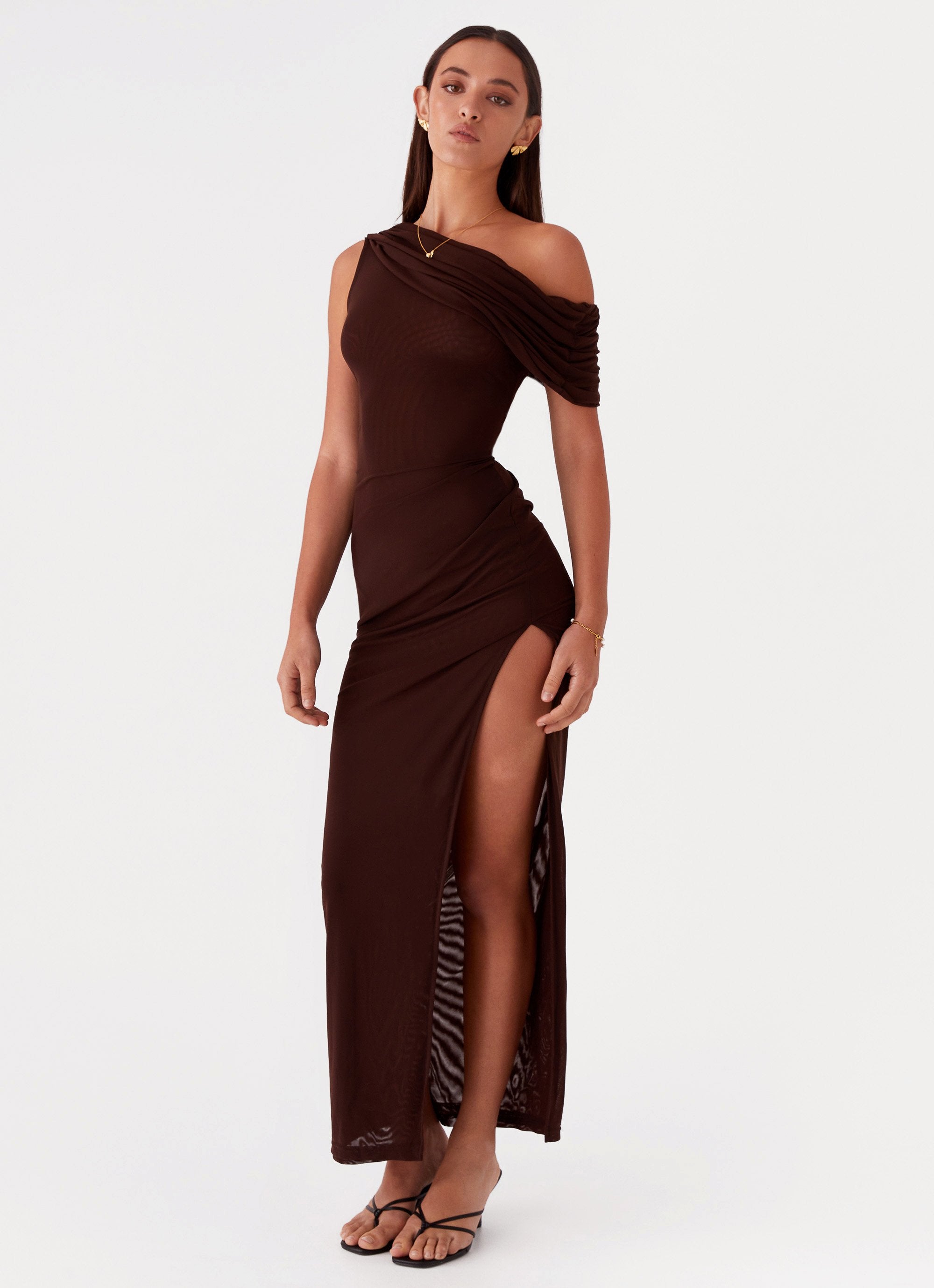 brown dress one shoulder Ciara One Shoulder Draped Maxi Dress