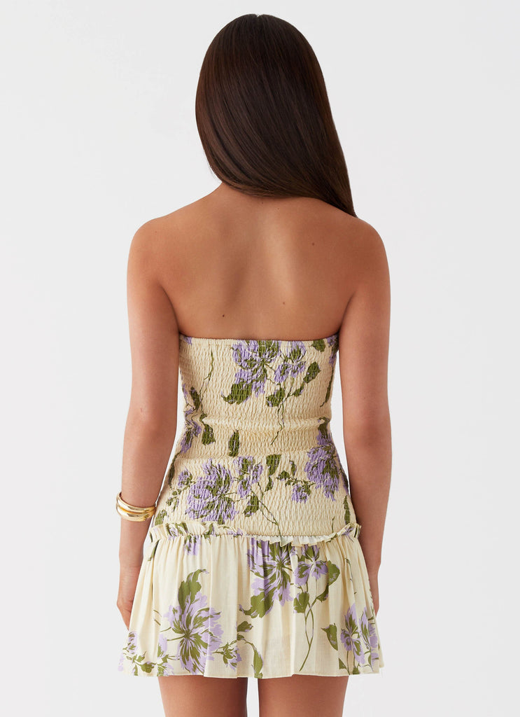 Womens Break From Toronto Linen Mini Dress in the colour Yellow Purple Floral in front of a light grey background