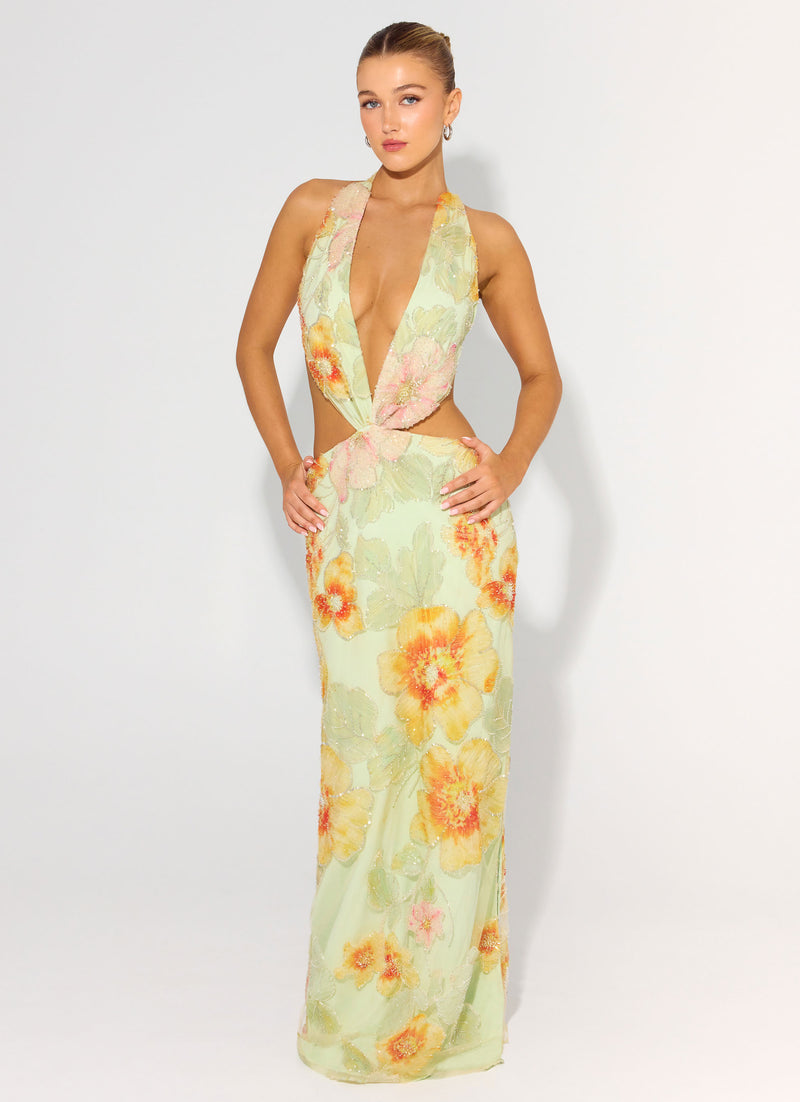 Really Something Beaded Maxi Dress - Green Floral Beaded