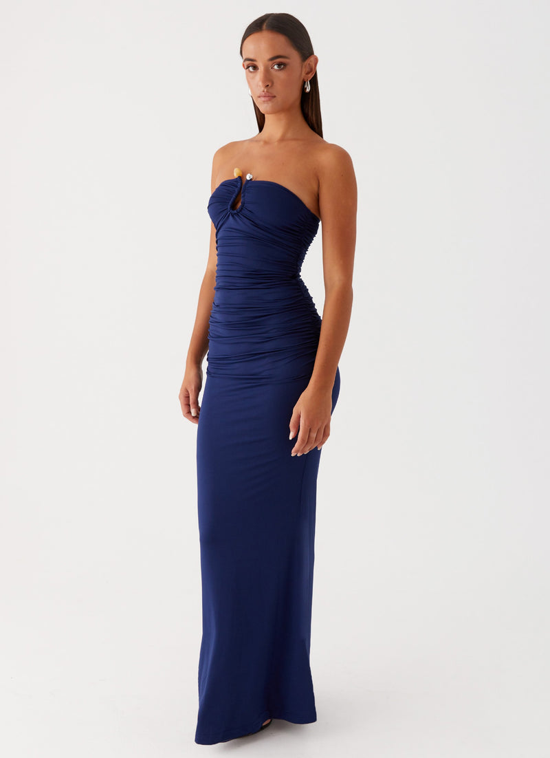 Womens Rudy Maxi Dress in the colour Navy in front of a light grey background