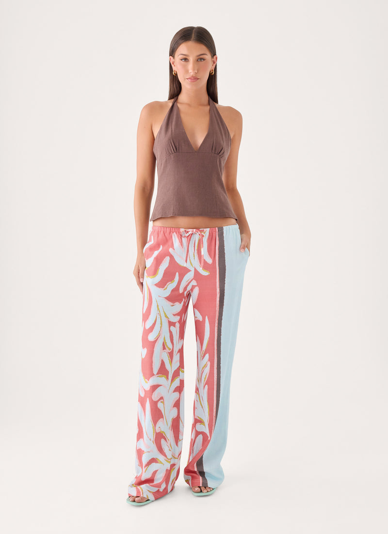 Santina Linen Pant - Coral Palm Print