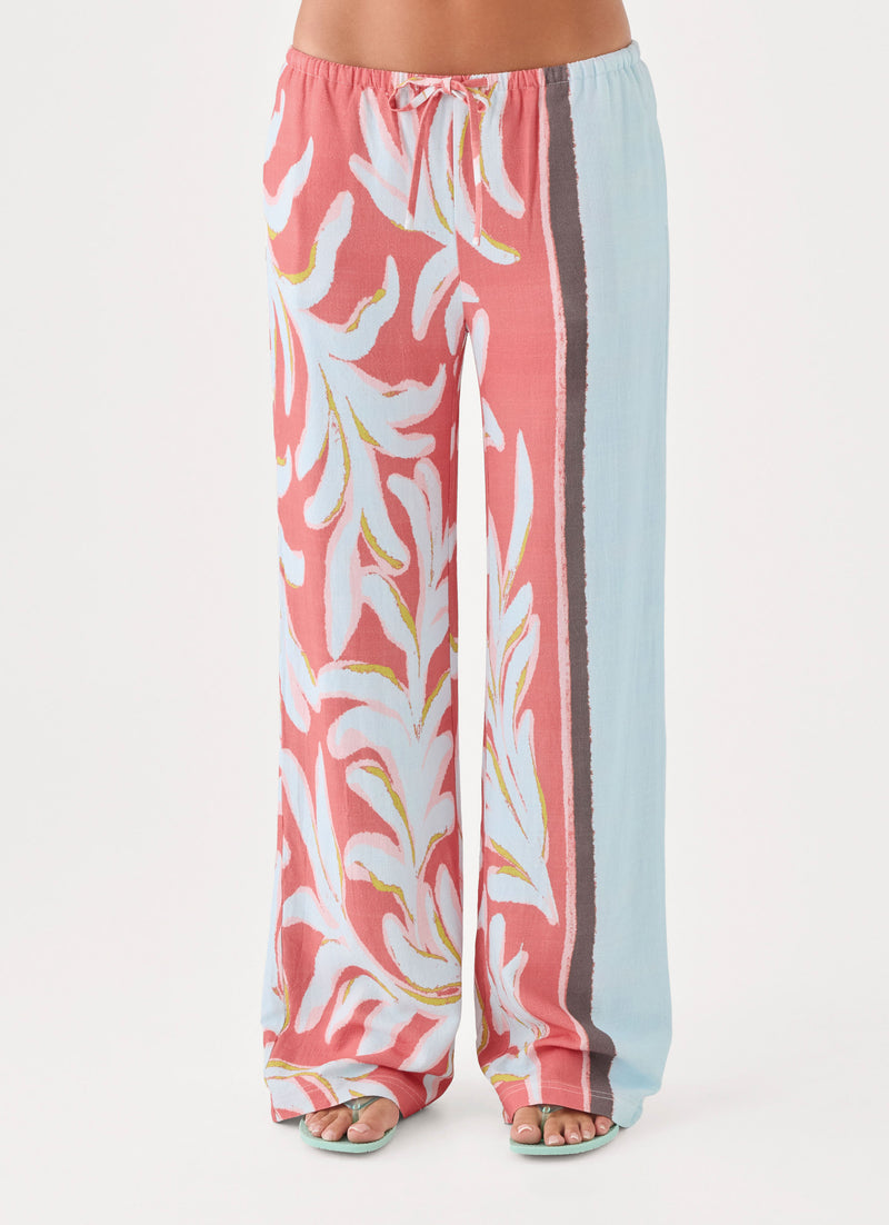 Santina Linen Pant - Coral Palm Print