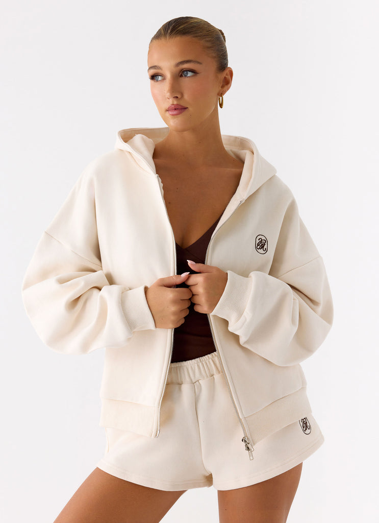 Signature Double Zip Up Hoodie - Cream