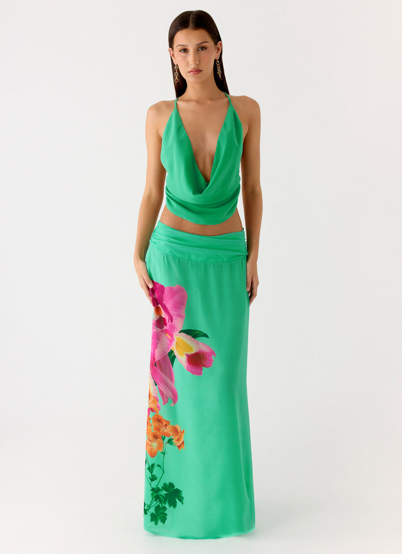 Sweet Charm Cowl Neck Top - Jungle Bloom
