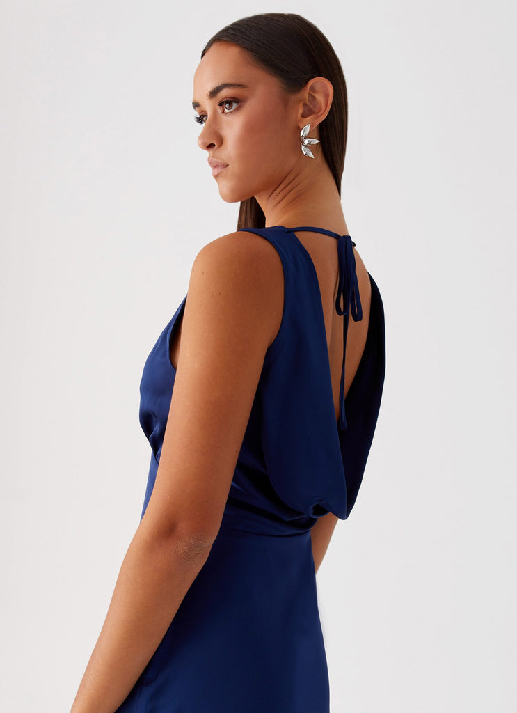 Womens Winnie Cowl Back Maxi Dress in the colour Navy in front of a light grey background