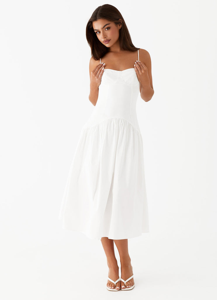 Womens Yvette Corset Midi Dress in the colour White in front of a light grey background
