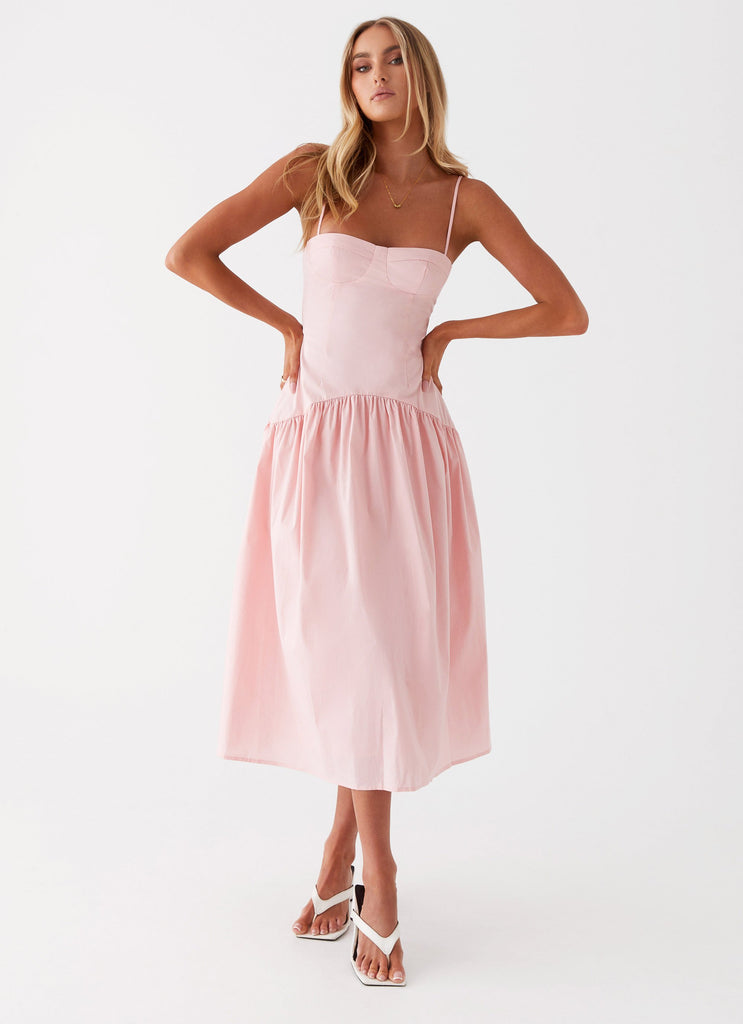 Womens Yvette Corset Midi Dress in the colour Pink in front of a light grey background