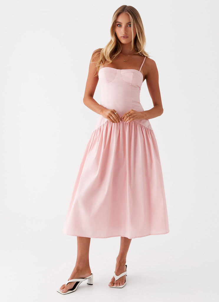 Womens Yvette Corset Midi Dress in the colour Pink in front of a light grey background