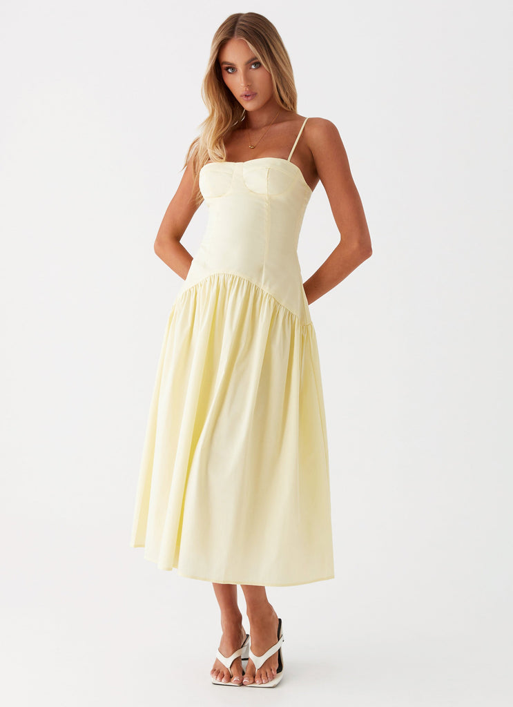Womens Yvette Corset Midi Dress in the colour Yellow in front of a light grey background