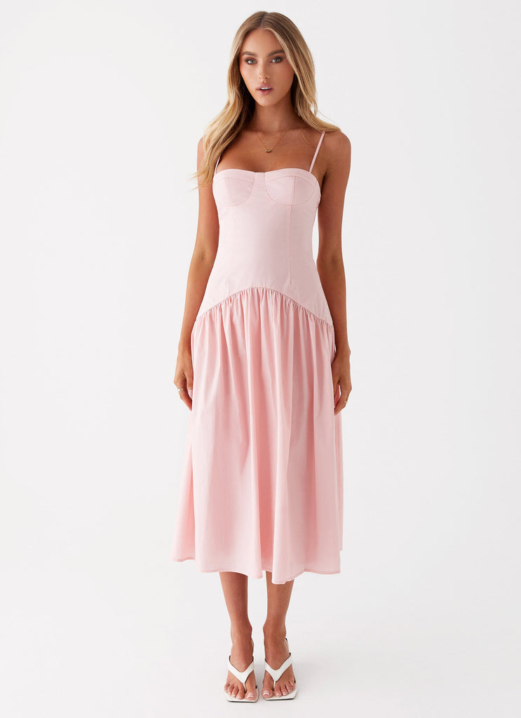 Womens Yvette Corset Midi Dress in the colour Pink in front of a light grey background