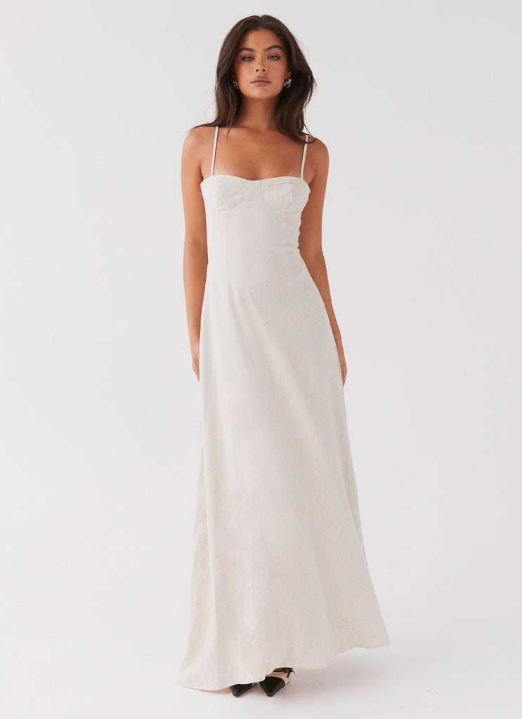 Womens Angelina Linen Maxi Dress in the colour Oatmeal in front of a light grey background