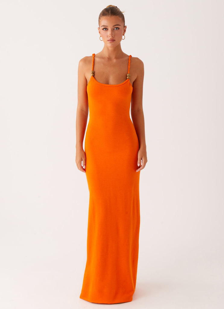 orange knit dress Murci exclusive halterneck open back maxi in Flare hem Burnt Orange Cable Knit Mini