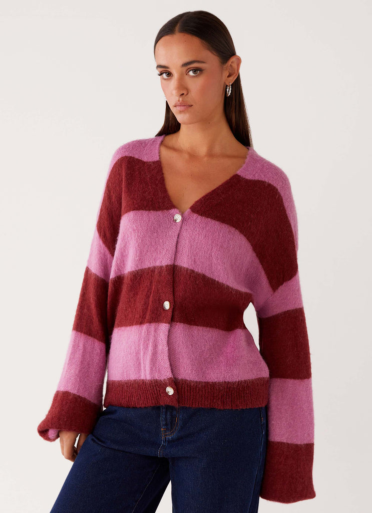 Womens Ainslee Oversized Knit Cardigan in the colour Red Pink Stripe in front of a light grey background