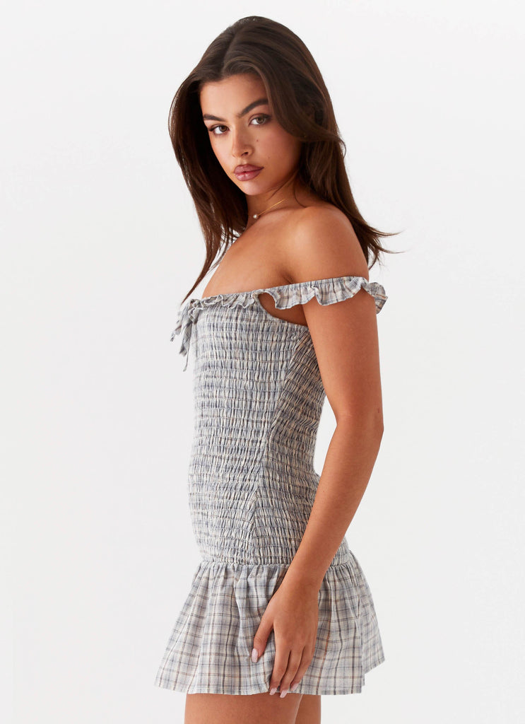 Womens Anica Check Mini Dress in the colour Grey Check in front of a light grey background