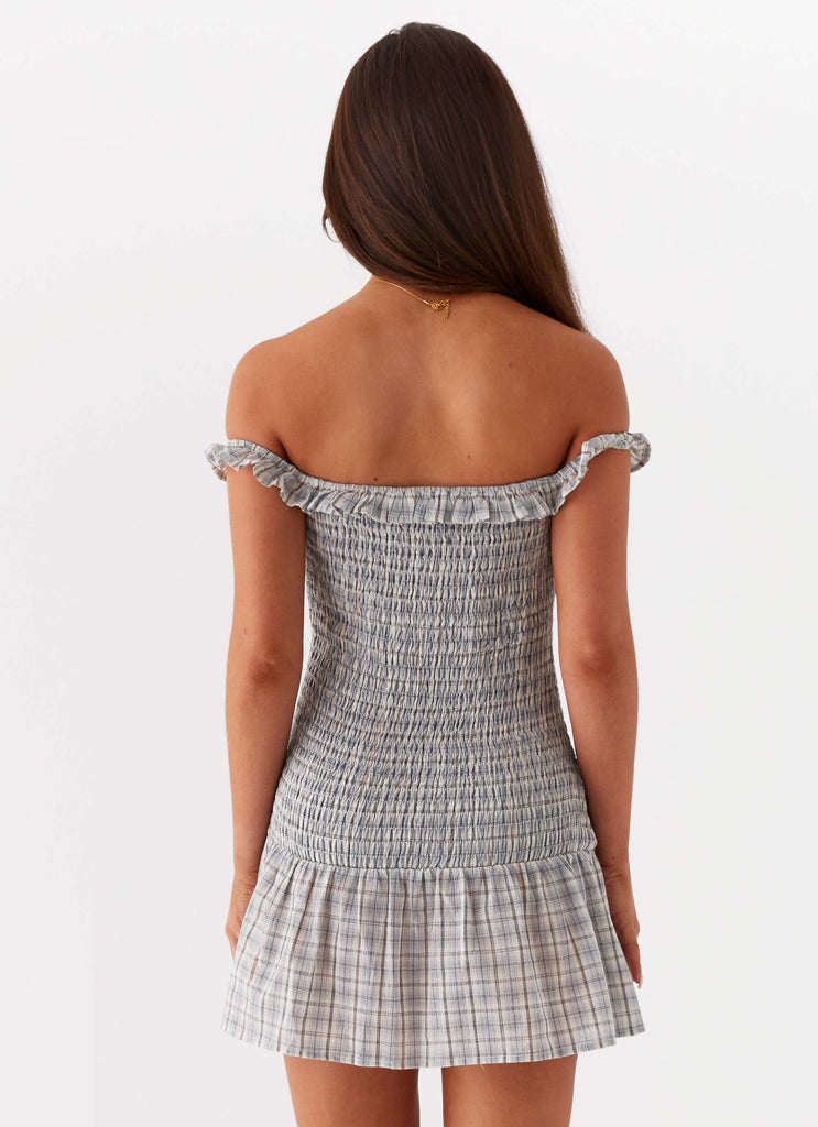 Womens Anica Check Mini Dress in the colour Grey Check in front of a light grey background