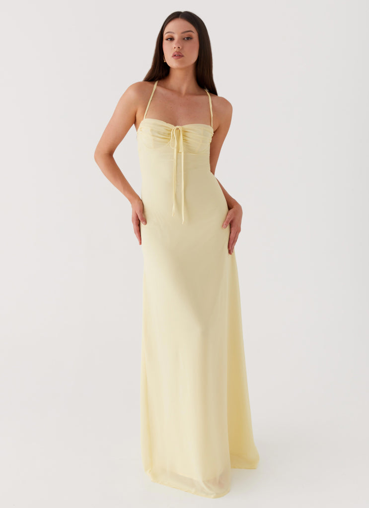 Womens Aveline Bustier Maxi Dress in the colour Yellow in front of a light grey background