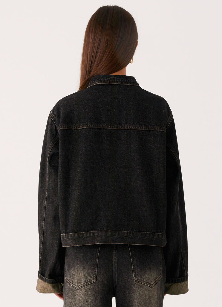 Back Again Oversized Denim Jacket - Acid Charcoal