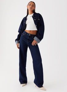 Womens Back Again Straight Leg Denim Jeans in the colour Blue in front of a light grey background