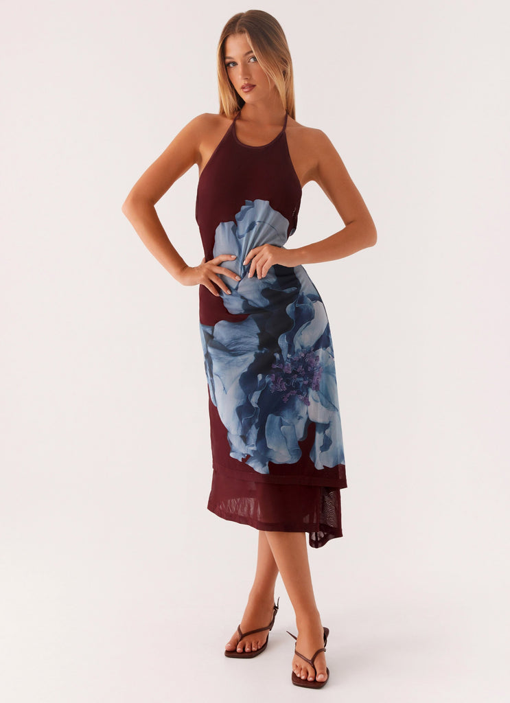 Brinley Halterneck Midi Dress - Maroon Print