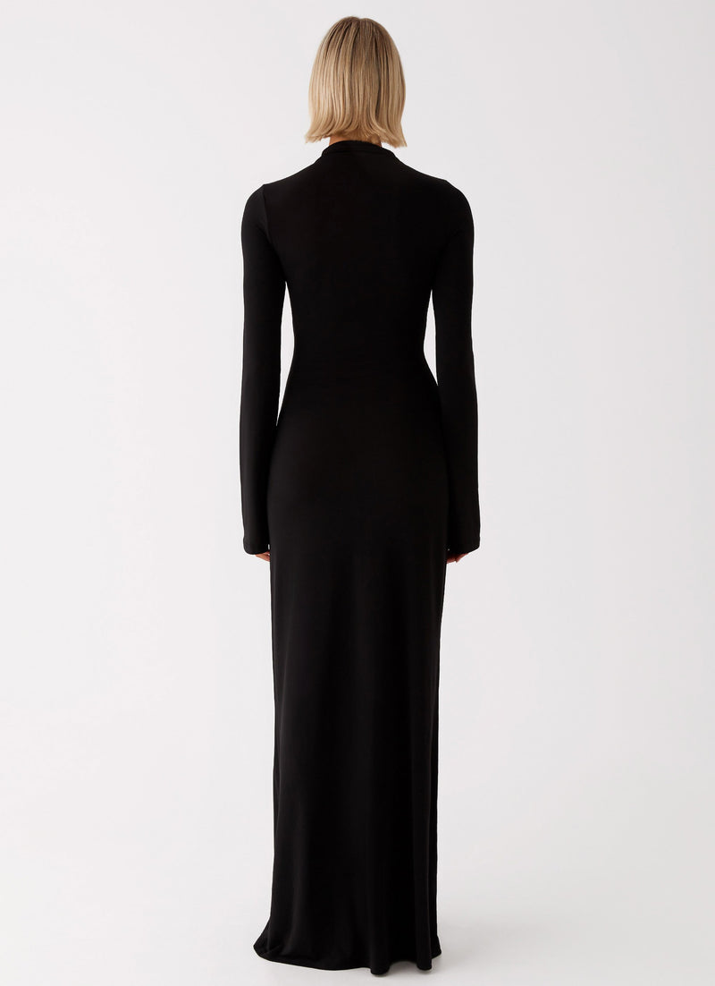 Womens Brioni Long Sleeve Maxi Dress in the colour Black in front of a light grey background