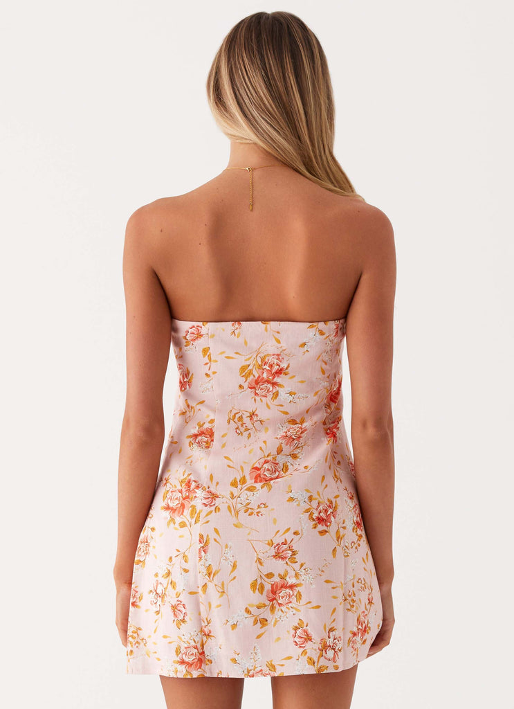 Womens Cali Strapless Mini Dress in the colour Pink Floral in front of a light grey background