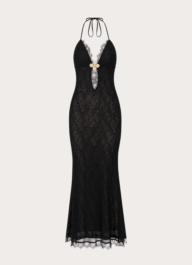 Calyssia Lace Halter Long Maxi Dress - Black