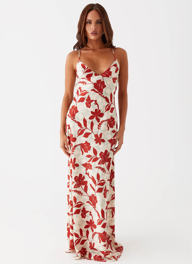 Womens Cecily Maxi Dress in the colour Red Green Floral in front of a light grey background