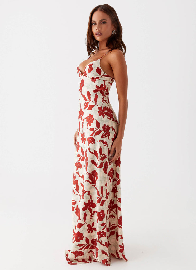 Womens Cecily Maxi Dress in the colour Red Green Floral in front of a light grey background