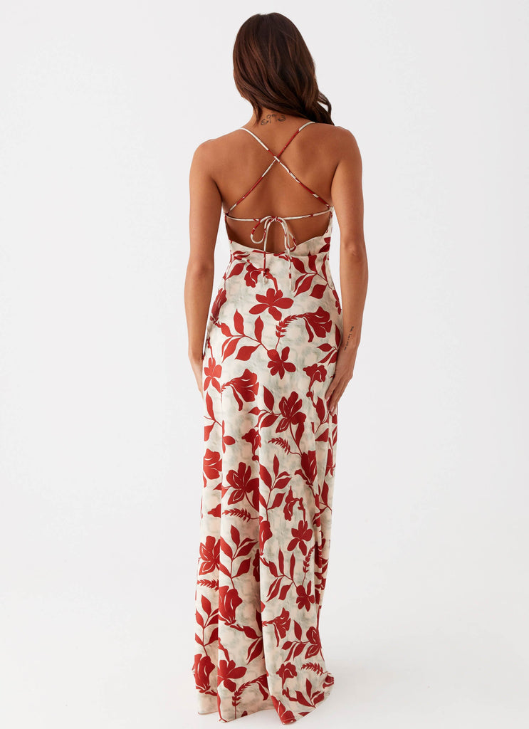 Womens Cecily Maxi Dress in the colour Red Green Floral in front of a light grey background