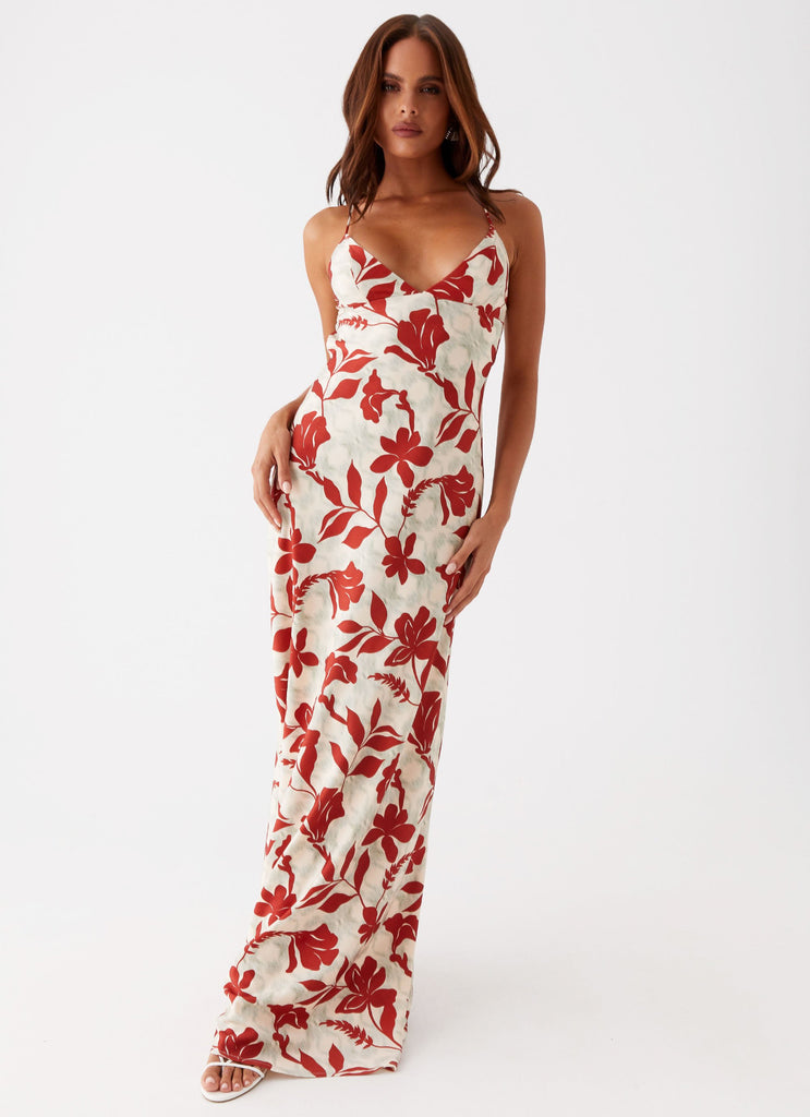 Womens Cecily Maxi Dress in the colour Red Green Floral in front of a light grey background