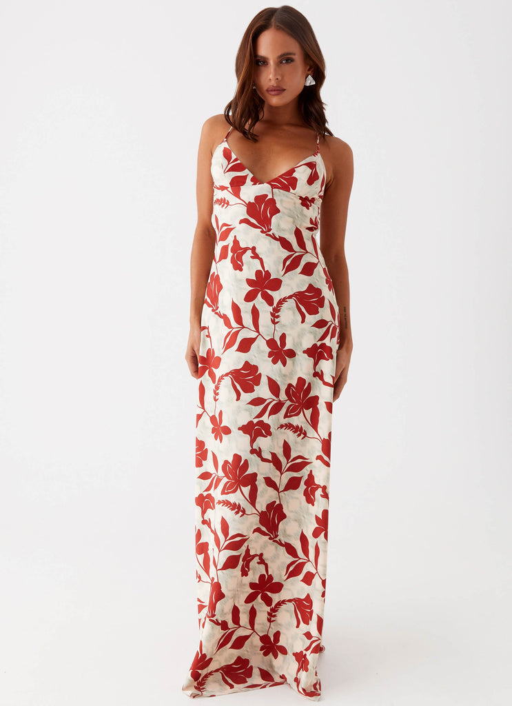 Womens Cecily Maxi Dress in the colour Red Green Floral in front of a light grey background