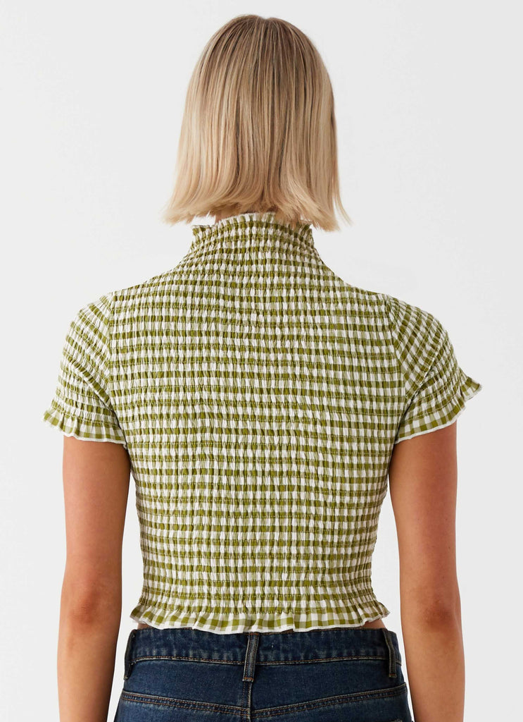 Womens Cleo Tee in the colour Khaki Gingham in front of a light grey background