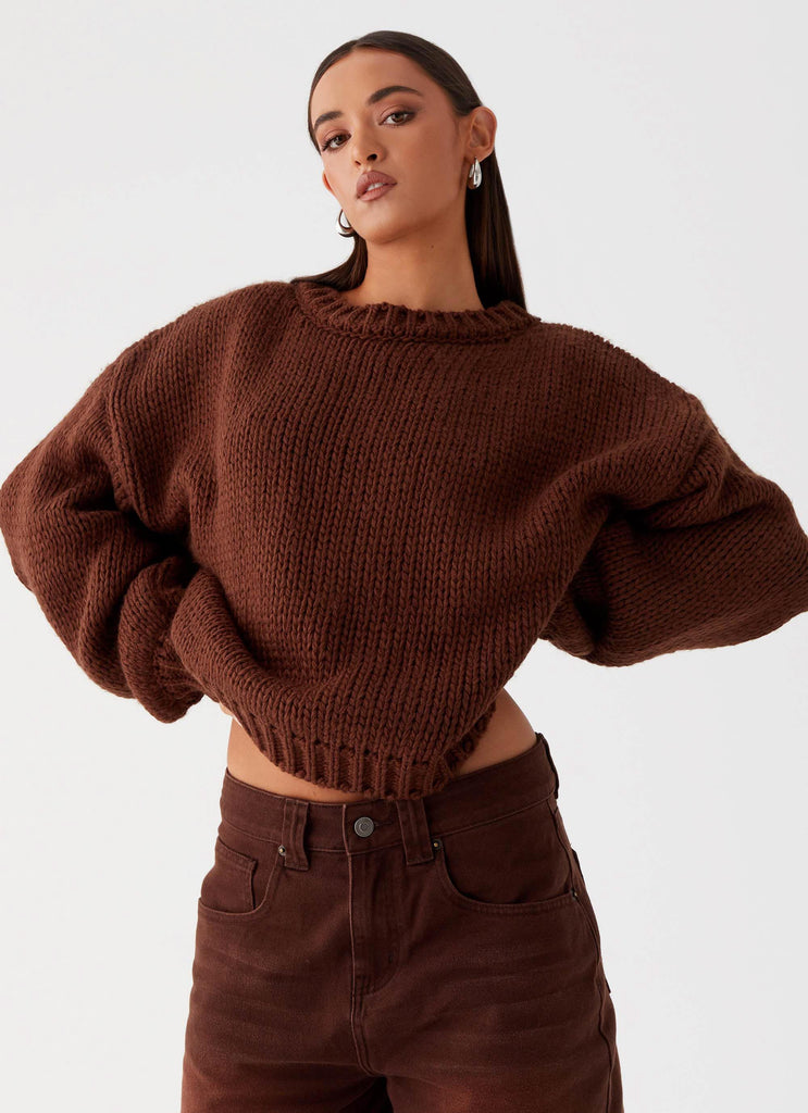 Womens Costella Knit Sweater in the colour Brown in front of a light grey background